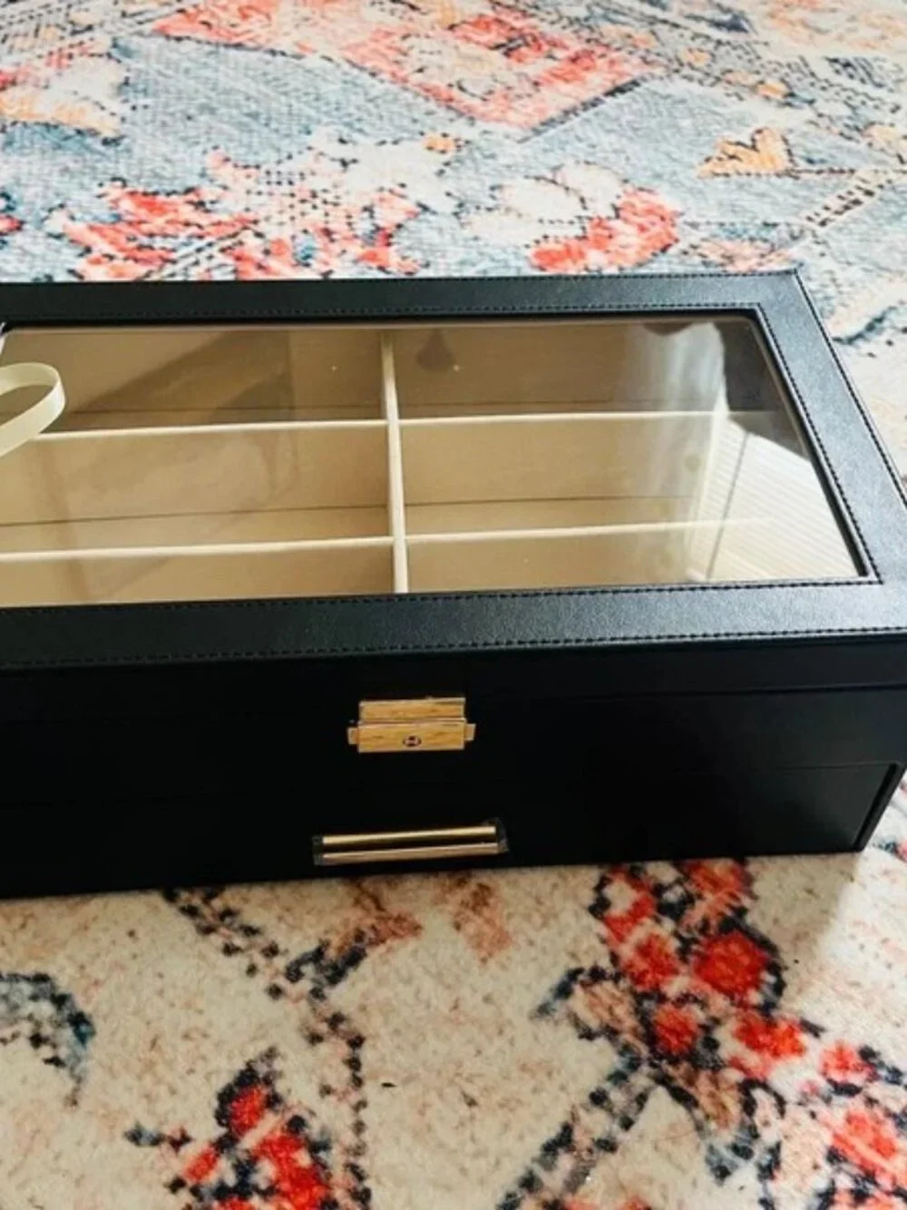 Black Jewelry Organizer Box with Glass Top and Gold Accents